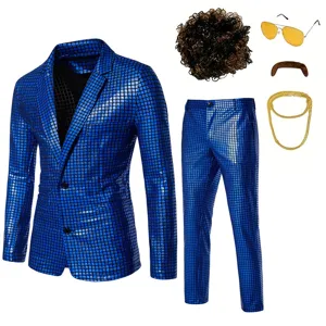 Ensemble de costume de paillettes bleues pour homme avec perruque et lunettes disco.