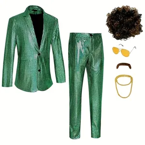 Costume de fête disco à paillettes pour hommes avec perruque lunettes collier brillant