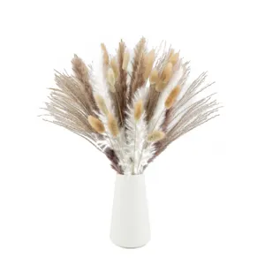 Natural dried pampas grass and cute bunny tail flower bouquet with white ceramic vase