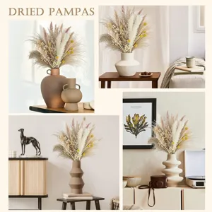 Detailed view of dried pampas grass bouquets in ceramic vases for home decor setups.
