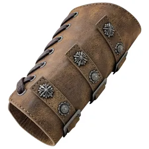 Medieval retro brown leather bracer with metal rivets for cosplay stage costumes.
