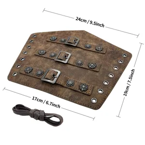 Detailed view of medieval leather bracer with metal buckles and floral cross studs.