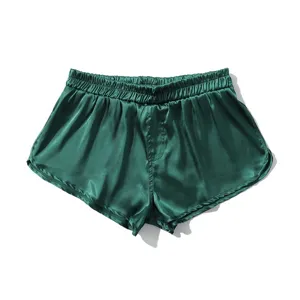 Dark green men silk lounge shorts, comfortable satin boxer sleepwear, breathable elastic waist.