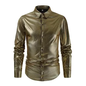 Men gold metallic long sleeve shirt slim fit button down fashion party dress shirt top