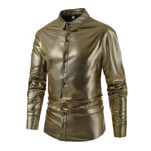 Mens gold metallic shiny long sleeve slim fit casual dress shirt detailed closeup.