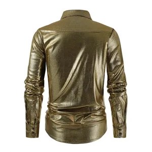 Back detail view of men's metallic gold long sleeve shirt, showing slim fit and glossy fabric.