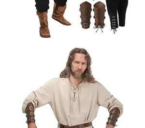 Mittelalter Renaissance Herren Pirat Kostüm Set mit Schnürhemd Armschienen Stiefel Halloween