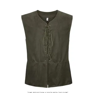 Men's Medieval Renaissance Pirate Gothic Steampunk Vest Vintage Faux Suede Lace-up V-Neck Sleeveless Cardigan Waistcoat Top