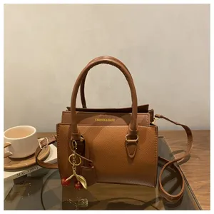 Women brown PU leather handbag vintage crossbody shoulder bag with cherry charm stylish design
