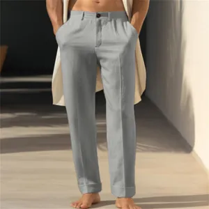 Men's solid color linen casual straight trousers with slanted pockets for summer street style.