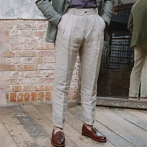 Men casual linen trousers beige pleated breathable straight pants daily streetwear vintage fashion