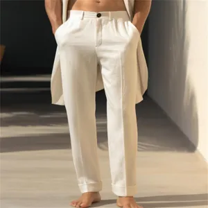 Men's Casual Cotton Linen Blend Straight Leg Pants Solid Color Breathable Street Style Mid Waist Long Trousers With Pockets