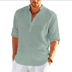 Detailed view of the men's long sleeve linen shirt, casual V-neck design, comfortable fit.