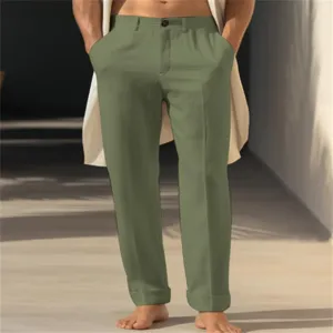 Men solid color casual linen straight trousers breathable street style slant pocket pants