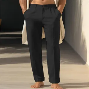 Detailed view of men's black straight-leg casual trousers with slanted pockets and breathable fabric.