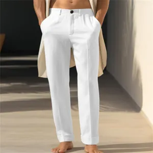 Men's solid color casual linen straight trousers with slant pockets and breathable fabric.