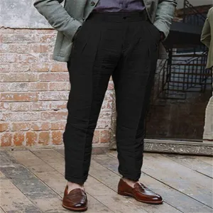 Men's casual black linen trousers with slant pockets, comfortable breathable daily wear.