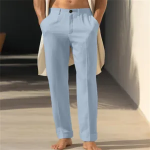 Detail shot of men's casual straight-leg light blue linen pants with slanted pockets.