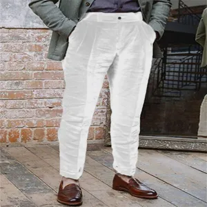 Men's casual solid color linen trousers with pockets, breathable and comfortable.