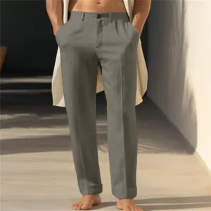 Men casual breathable linen trousers straight leg solid color pants detail view now