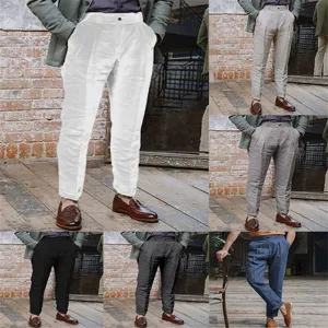 Men's casual linen trousers solid color breathable long pants for daily wear and outdoor