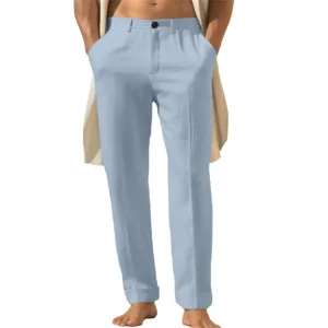 Men casual linen trousers solid color breathable straight leg pants fashion street style