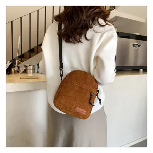 Brown corduroy crossbody bag for women, stylish vintage shoulder bag for daily commuting.