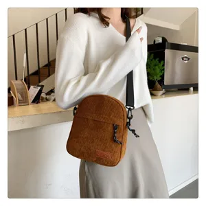 Brown corduroy crossbody bag for women, stylish casual shoulder daily commuting bag.