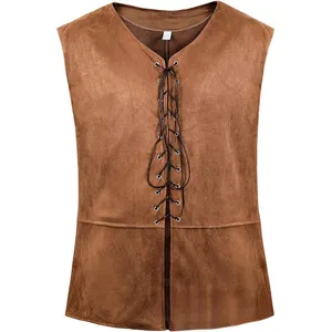 Mens medieval renaissance pirate vest gothic steampunk lace up casual brown waistcoat