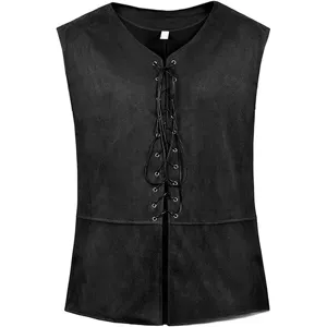 Men's medieval renaissance pirate gothic steampunk lace-up vest waistcoat black top