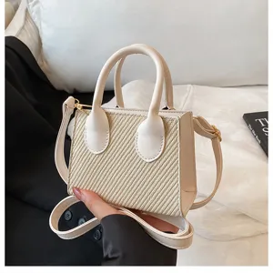 Korean style minimalist woven crossbody small square bag, PU leather detail design with handles.