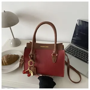 Colorblock Top Handle Crossbody Bag Fashion PU Leather Tote Purse with Cherry Charm