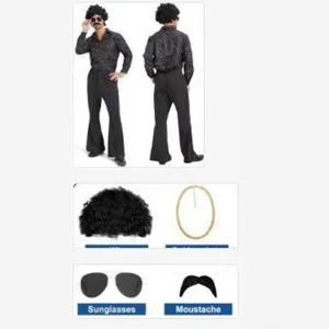 Set costume disco retro da uomo, con camicia a stella, pantaloni a zampa e accessori per feste.
