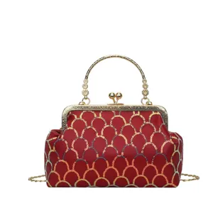 Elegante rote Pailletten Damentasche Umhängetasche mit Kussverschluss Abendtasche Handtasche