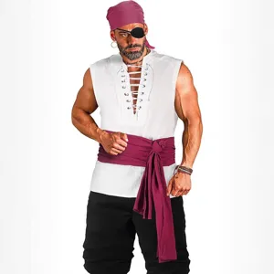 Hommes Renaissance Médiéval Pirate Costume Ensemble Vintage Chemise à Lacets Et Pantalon à Cordon Halloween Fête Cosplay Tenue