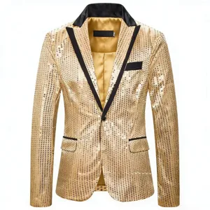 Gold sequin blazer detail showing black lapel and shiny fabric texture for party stage wear.