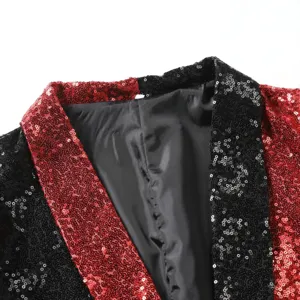 Close-up detail of the color-block sequin blazer lapel showing exquisite craftsmanship.
