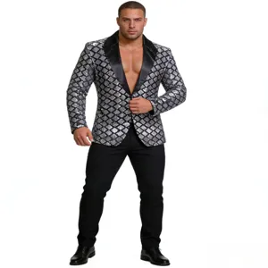 Men's peak lapel sequin blazer detail shot, stylish diamond pattern party performance suit.
