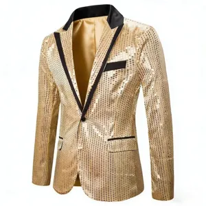 Men's gold sequin blazer jacket detail view, black lapel and single button design for stage and party.