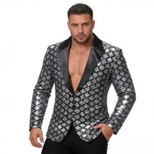 Men's Sequined Peak Lapel Suit Jacket Single Button Blazer Stage Performance Party Banquet Formal Outerwear