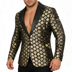 Men black gold sequin blazer sparkle lapel jacket party stage performance suit jacket