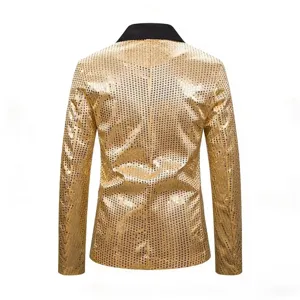 Detailed back view of men's luxury shiny gold sequin blazer jacket with classic black lapel.