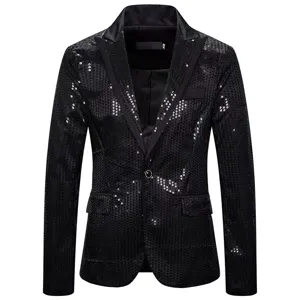 Men's black sequin blazer jacket, elegant single button satin lapel suit coat for party stage.