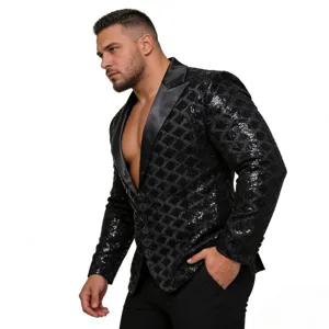 Detail view of men black sequin blazer, peak lapel party suit jacket for stage performance event.