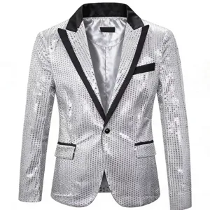 Men's silver sequin blazer jacket party performance nightclub stage formal suit outerwear