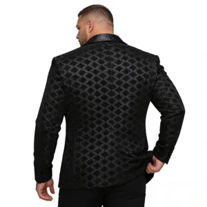 Mens peak lapel sequin blazer in black, perfect for stage parties and formal evening events.