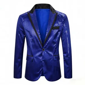 Detailed view of the royal blue sequin blazer featuring black satin lapel and single button.