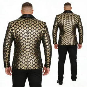 Men's gold and black sequin blazer jacket diamond pattern peak lapel back view detail shot