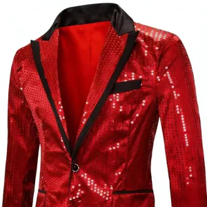 Men's red sequin blazer jacket with black lapel for party stage performance night club wear.