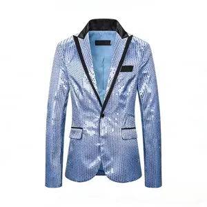 Men light blue sequin blazer jacket details, stylish stage performance suit top for men clothing.